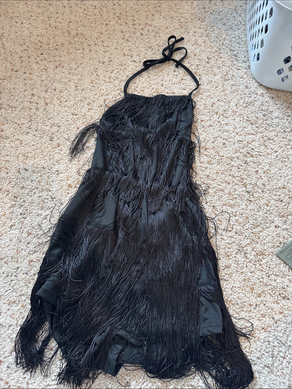 Black Fringe Halter Dress